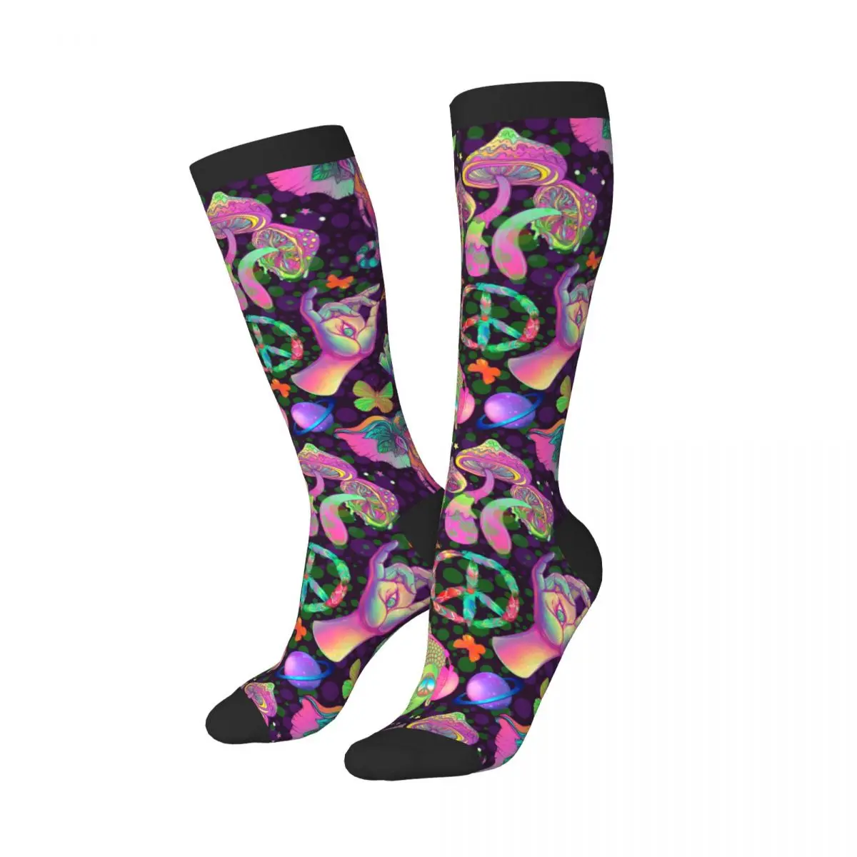 Unisex Socks Breathable Long Business Harajuku Socks Trippy Mushrooms Peace Sign Butterflies Sox Sokken for Outdoor Sports