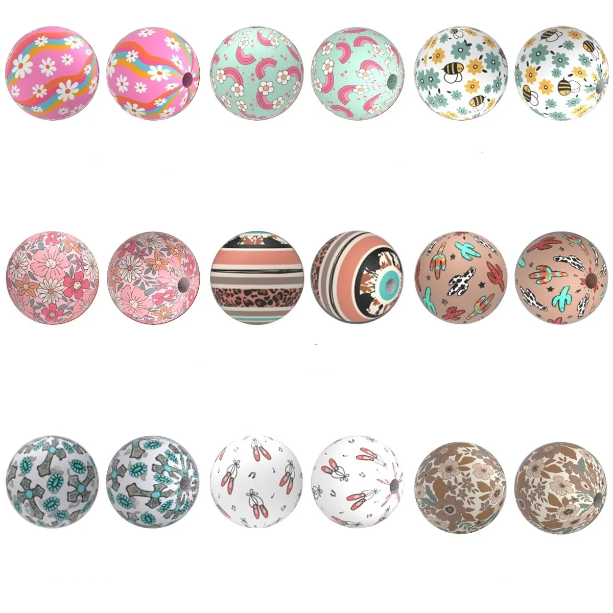 50Pcs 15mm Silicone Printed Beads Round Flower Leopard Food Grade Silicone Beads DIY Making Bracelet Keychain Accessories