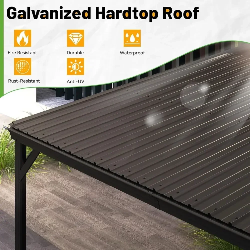 10x14 Outdoor Hardtop Gazebo with Wall Mount, Galvanized Steel Roof, Gutter & Brown Finish view 3