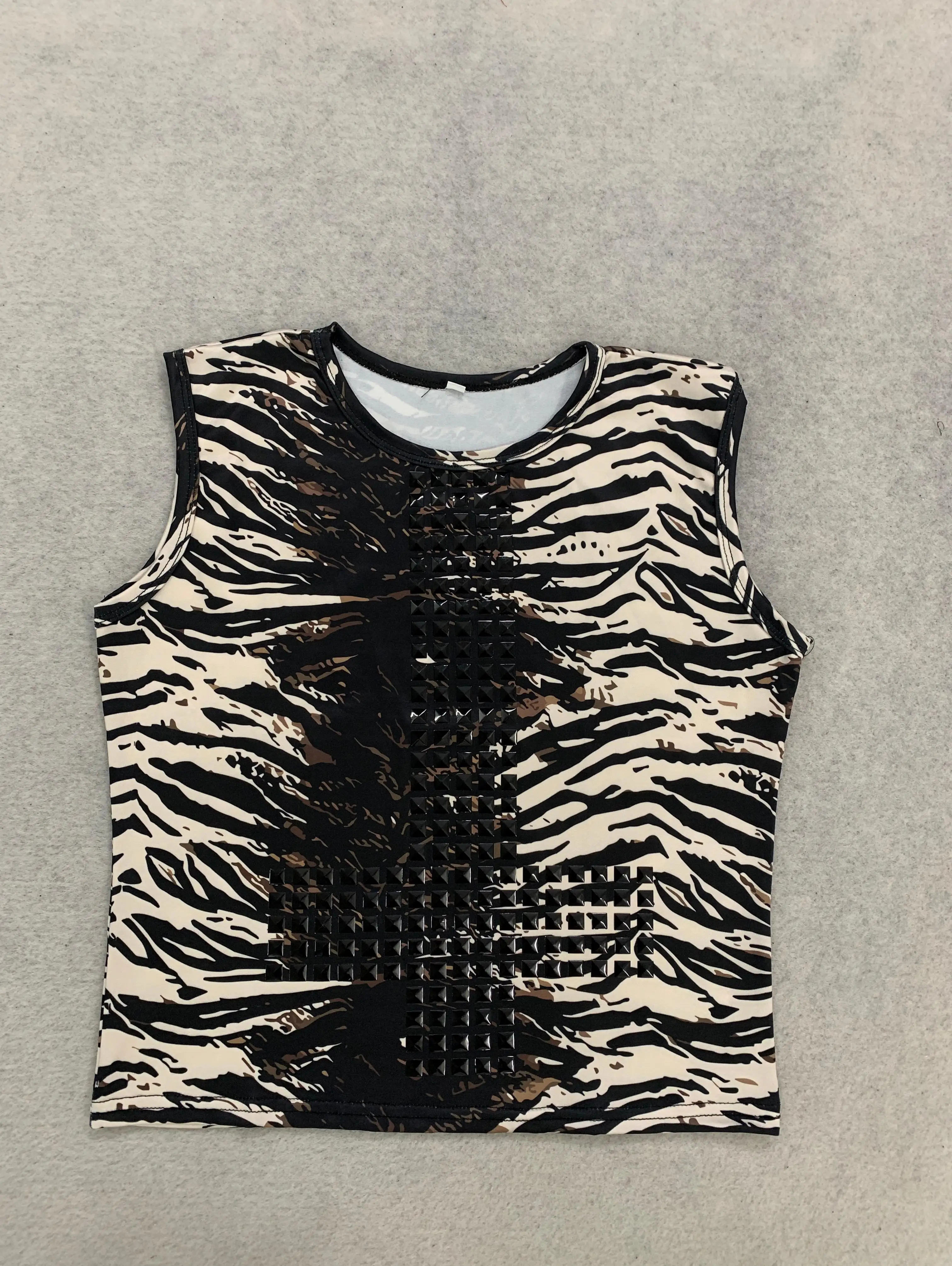 Punk Brown Grey Tiger Pattern Muscle Tank Top 3D Square Stud Cutout Bodycon Vest Top