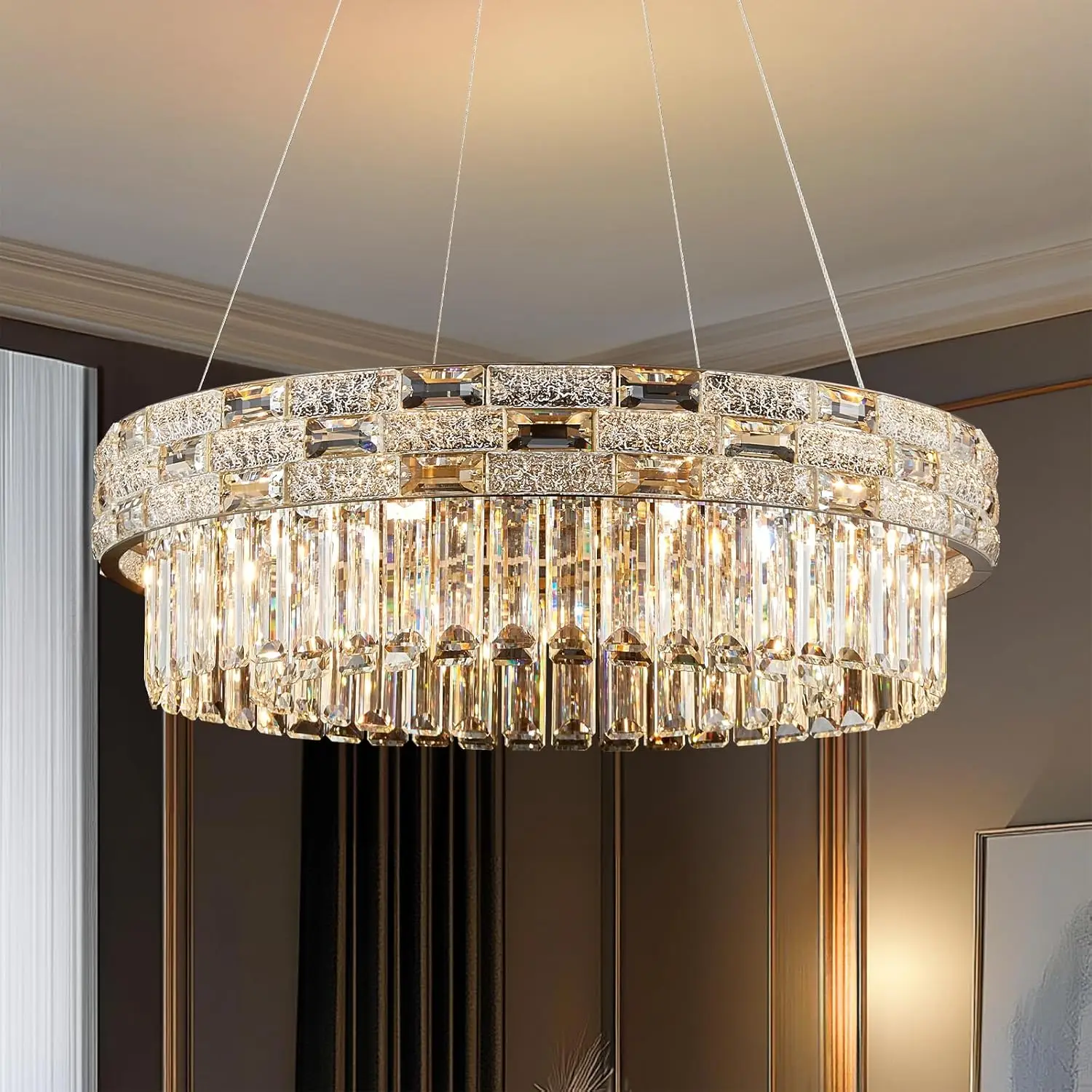 Luxury Circular Crystal Chandelier, Multi-Layer Pendant Light, High-End Living Room Dining Room Lighting Fixture Indoor Lighting