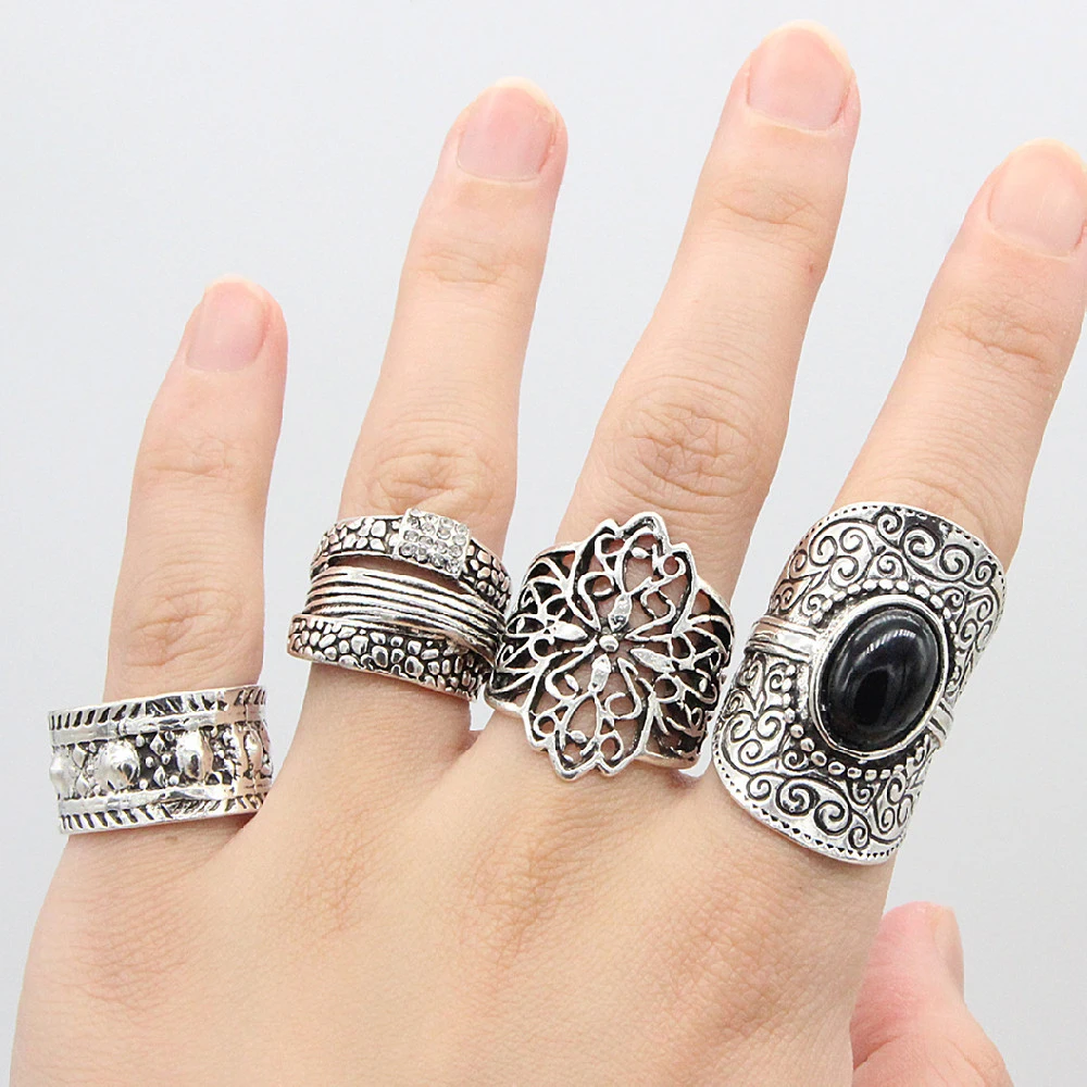 4Pcs/Set Vintage Silvery Golden Hollow Flower Sun Totem Ring Nepalese Tibetan Bohemian Ethnic Black Gem Finger Rings Jewelry