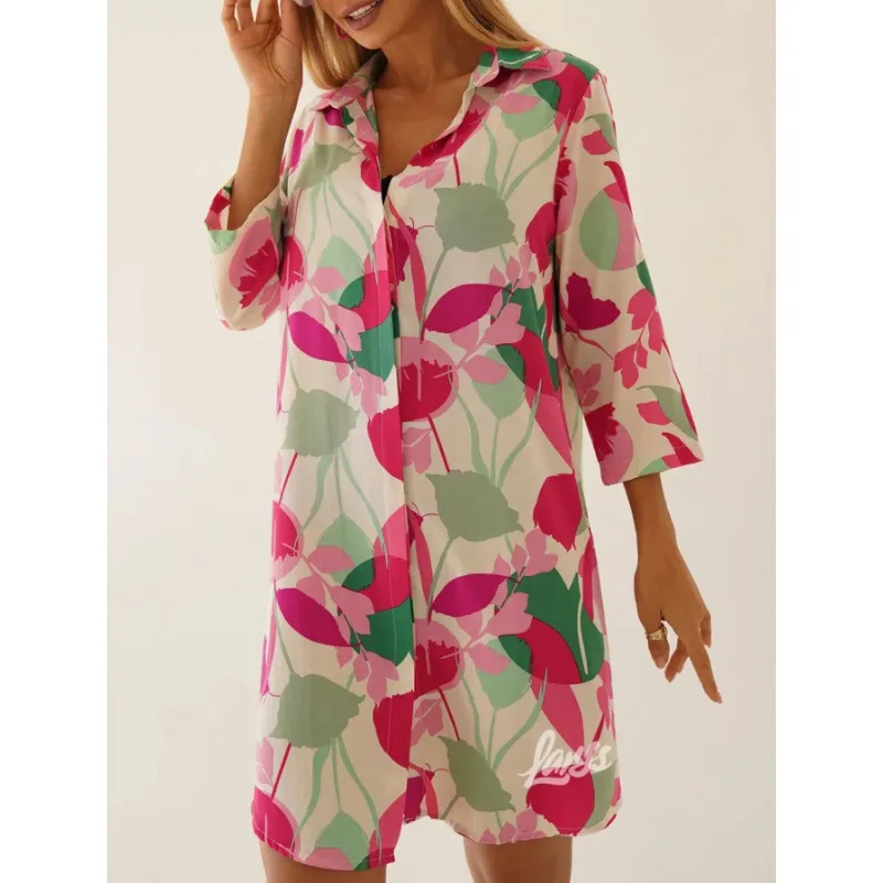 2025 봄/여름 신상품: 유럽-미국 스타일의 패셔너블하고 우아한 프린트 칼라 싱글 브레스티드 가디건 드레스