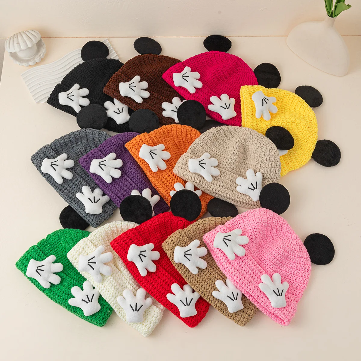 Girls Cute Cartoon Mouse Ear Knitted Hat Women Winter Thickened Warm Y2K Beanies Outdoor Hand Crocheted Wool Pullover Cap Gift