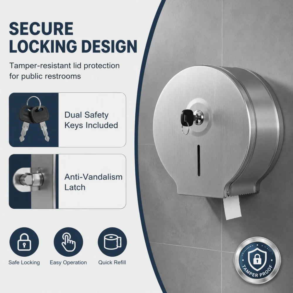 Stainless Steel Toilet Paper Dispenser 9 Inch Roll Lockable With Key Bath Tissue Dispenser Brushed Finish Industrial Grade
