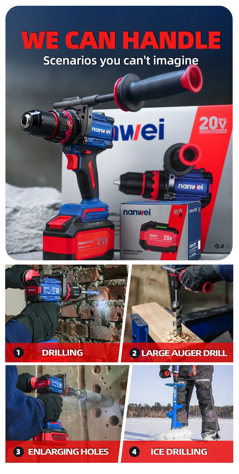Brushless Cordless Impact Drill NANWEI Cordless 20v 13mm Ice Drill Power Tool 160NM High Torque