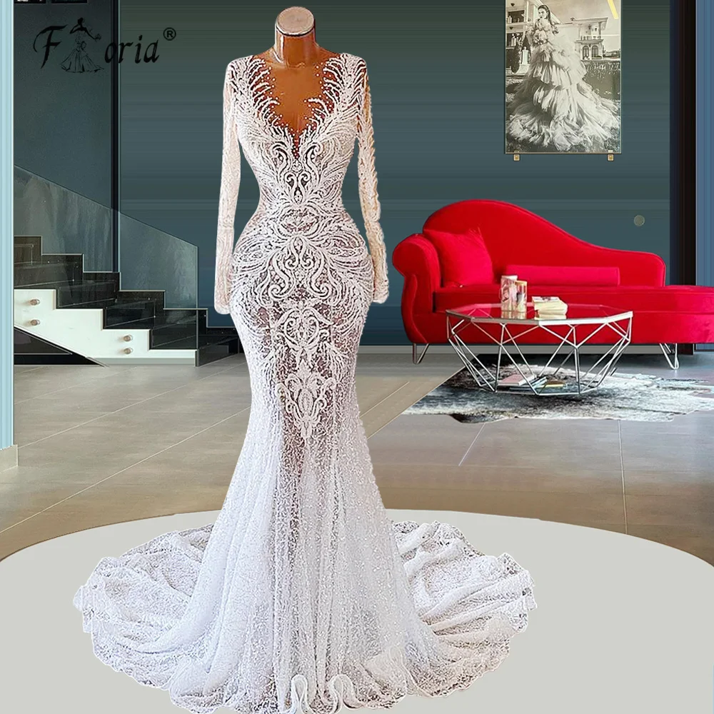 Mermaid Lace Appliques Wedding Dress Pearls Beaded Vestidos de noiva Illusion Bridal Gowns 2022 Spring For African Woman