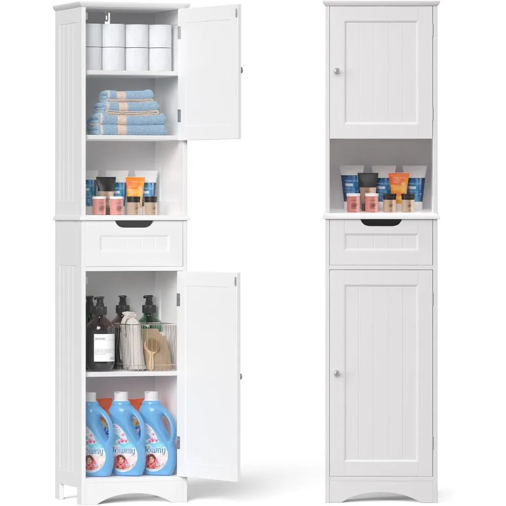 

67" H Tall Bathroom Storage Cabinet, Narrow Linen Tower Freestanding Adjustable Shelves for Home, Kitchen, Versatile.