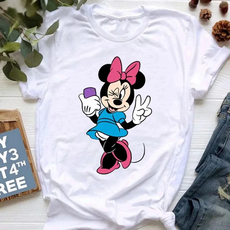 Cartoon Disney T-shirt Women's Fashion Summer Harajuku Mickey Mouse Short Sleeve's Couple Card Waii Minnie Printed T-Shirt Tops