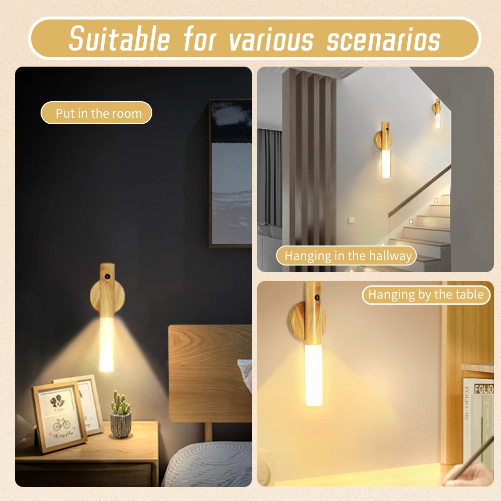 LED Rechargeable USB Night Light ABS Plastic Grain Sensor Kitchen Cabinet Closet Light Handheld Magnetic Design Bedside Lighting