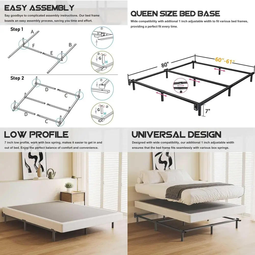 

Металлический каркас кровати размера Queen 7, с опорой на 9 ножках, совместимый с коробчатой пружиной/матрасом, прикрепляемым изголовьем, простая сборка, шум