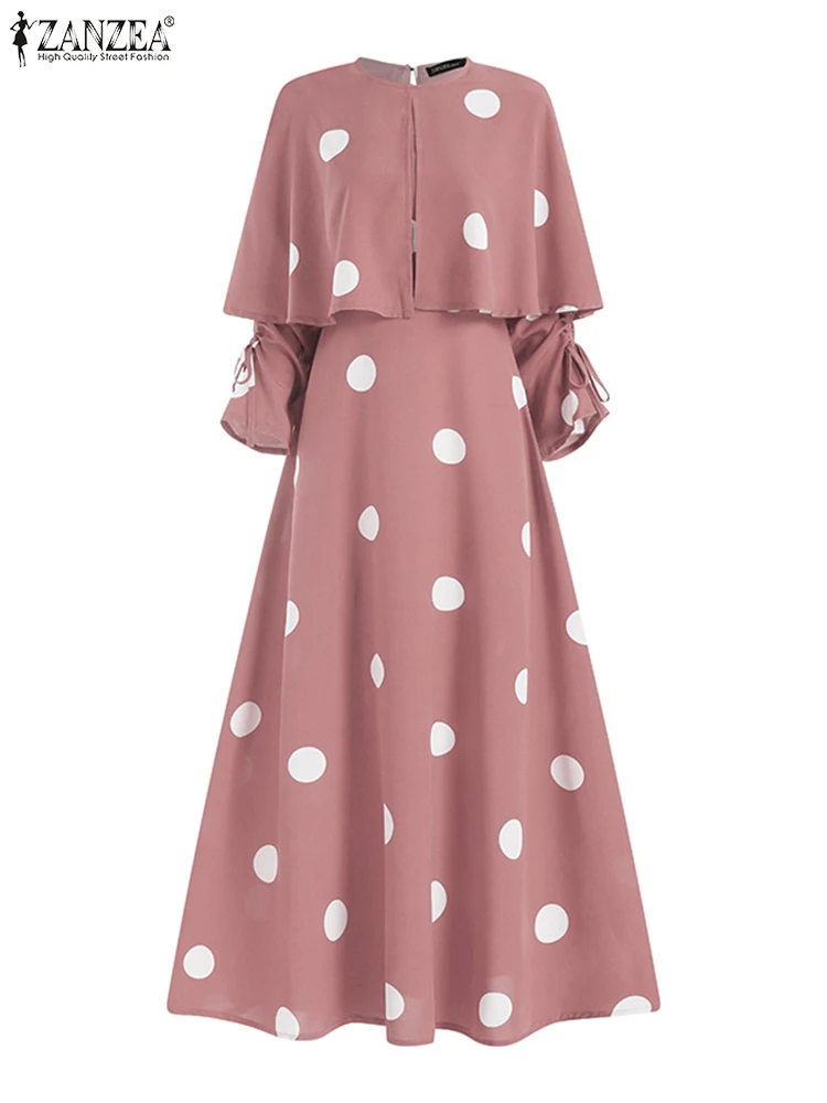 ZANZEA abaya musulmano abito islamico donna o-collo Polka Dots stampa manica lunga Maxi Robe Bohemian Fashion Casual elegante prendisole