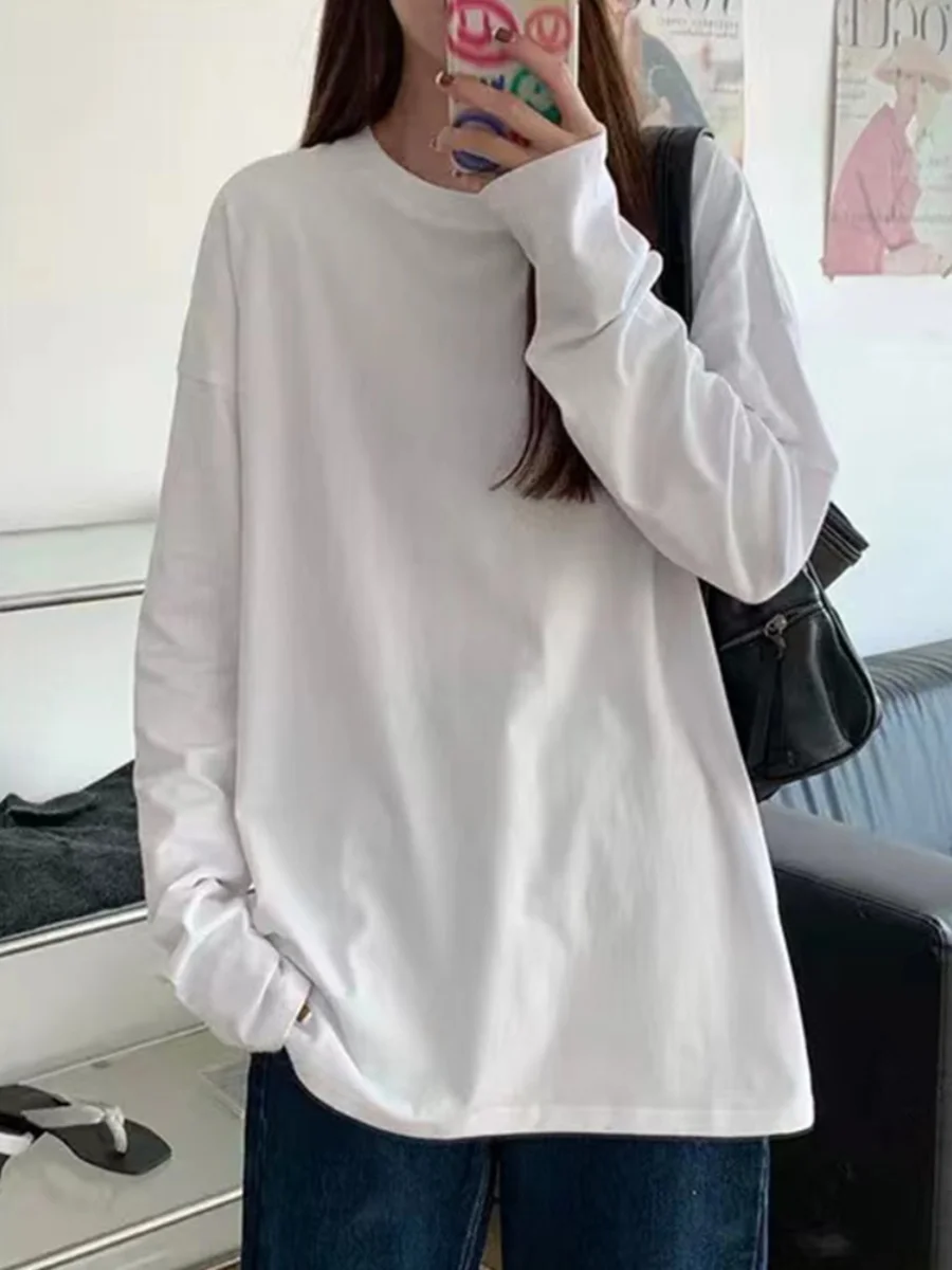 プラスサイズの女性の長袖ピュアコットンベースシャツ 300 ポンド大コード脂肪 MM ソリッドカラーインナーウェア Tシャツカップルトップ