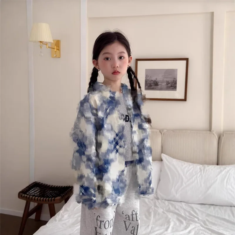 2025 Spring Blue and White Grid Long Sleeve Shirt for Boys and Girls, High End Trendy Brand Shirt Jacket