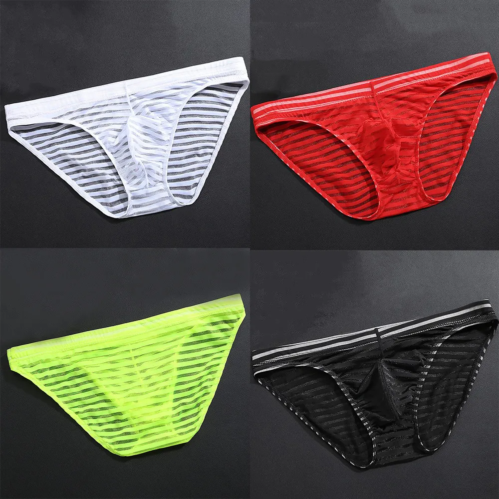 

Sexy Men Ice Silk Briefs Stripe Elastic Waist Boxers Seamless Solid Color Transparent Thongs G-String Soft Arrow Shorts Panties