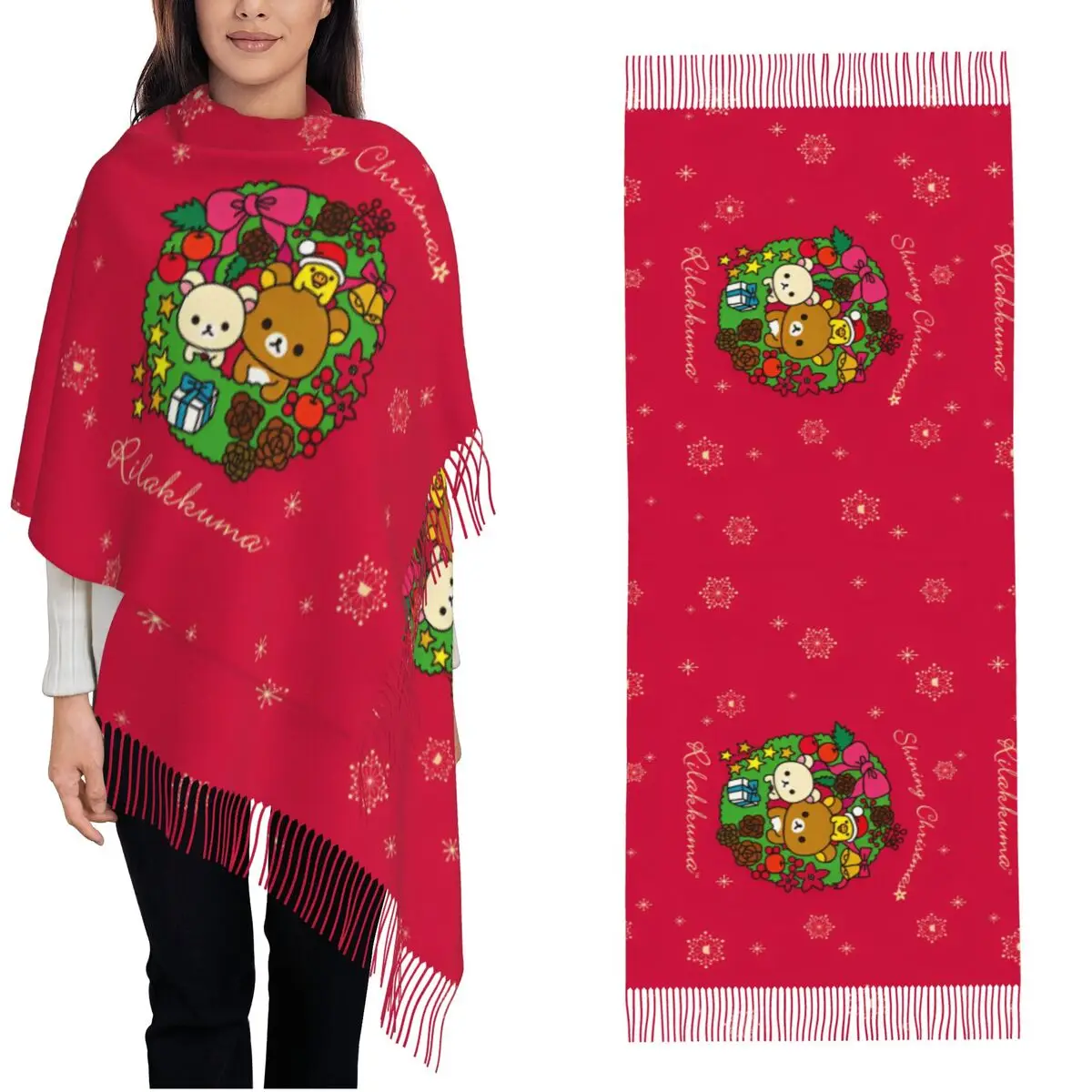

Rilakkumas Cartoon Scarf for Womens Fall Winter Shawls and Wrap Red Christmas Long Large Scarves with Tassel for Daily Wear