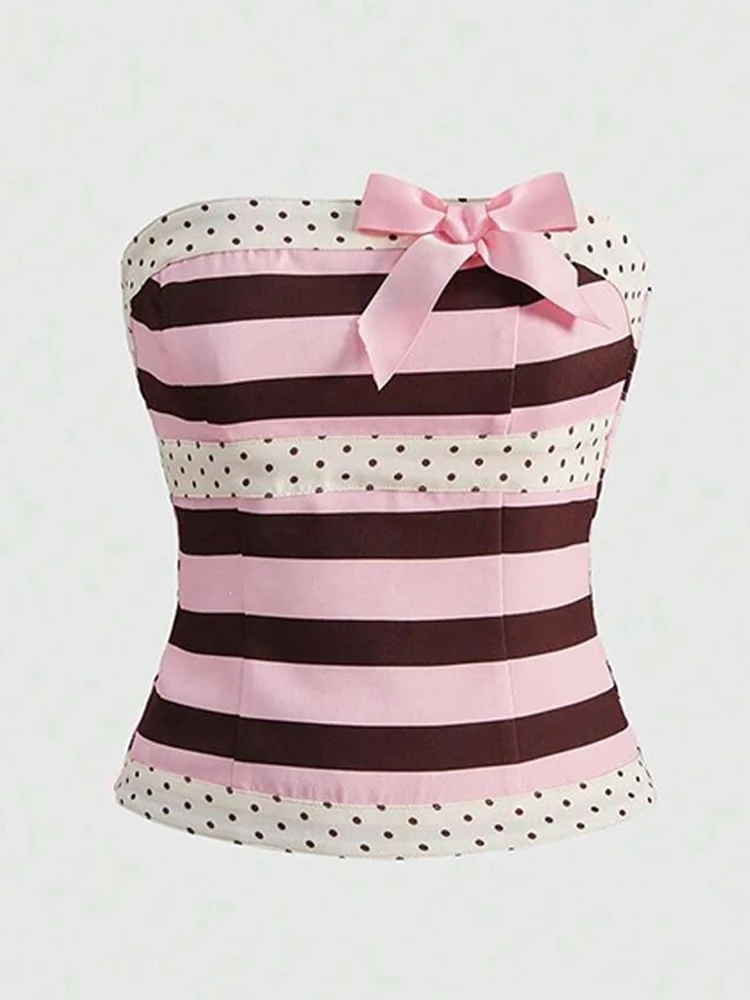 Ladies' Strapless Bowknot Wrapped Bust Top Tight-Fitting Waist-Binding Hot Girl Short Top Summer Striped Polka Dot