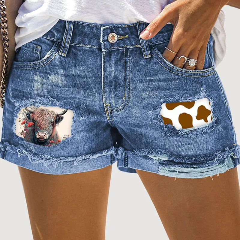 Western denim style printed ripped denim shorts with loose waist, slimming casual jeans for women