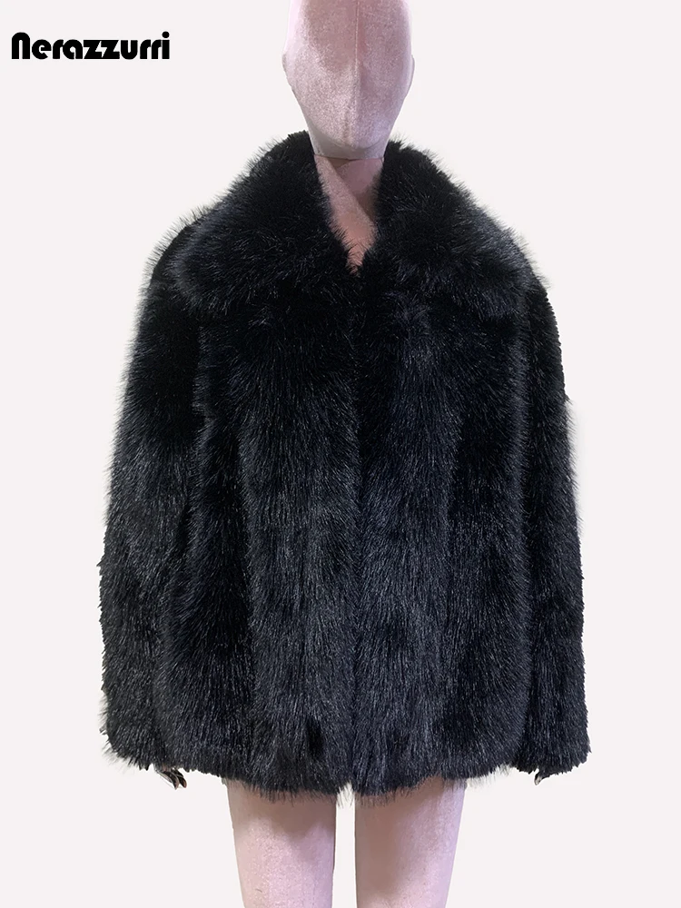 Nerazzurri Winter Thick Warm Soft Hairy Black Faux Fox Fur Coat Women Long Sleeve Loose Casual Fluffy Furry Jacket Cardigan 2024