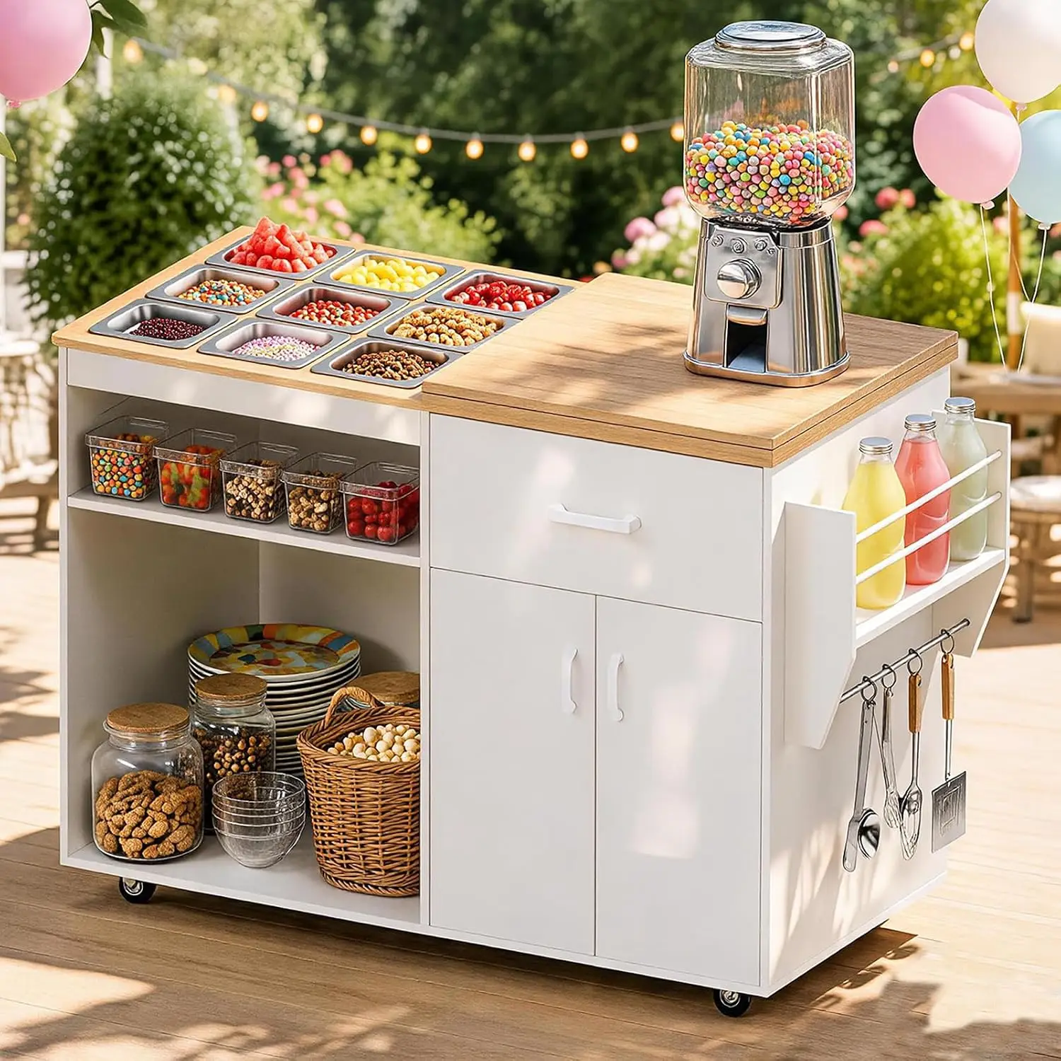 Rolling Charcuterie Cart with 9 Steel Pans, Wooden Buffet Cart with Bottle Rack & Foldable Surface, Customized