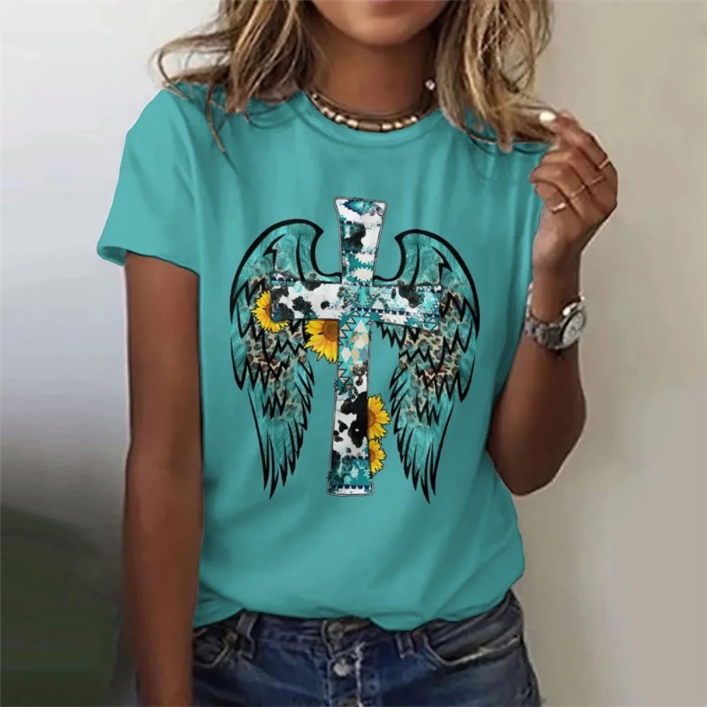 

Cross Jesus Pattern T-Shirt For Women Sacred Christianity 3D Print T Shirts Summer Fashion Street Tees Short Sleeves O-Neck Tops