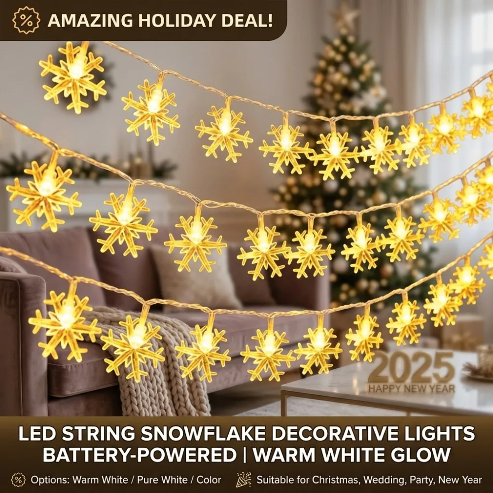 LED String Snowflake Decorative Lights Battery Powered Warm White Color for Christmas Tree, Wedding Party, New Year, Home Decor