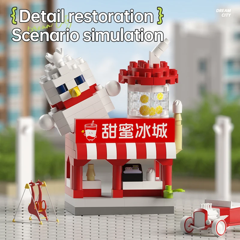City Street View Mini Commercial Street Building Block, fai da te Flower Shop Coffee Fruit Cake House Assembly Toys, per i regali dei bambini