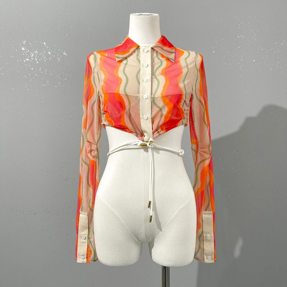 Color-blocked Wavy-Patterned Women's Shirt, Tie-Front Crop Top with Single-Button Long Sleeves in Mesh Fabric 2026 Spring New