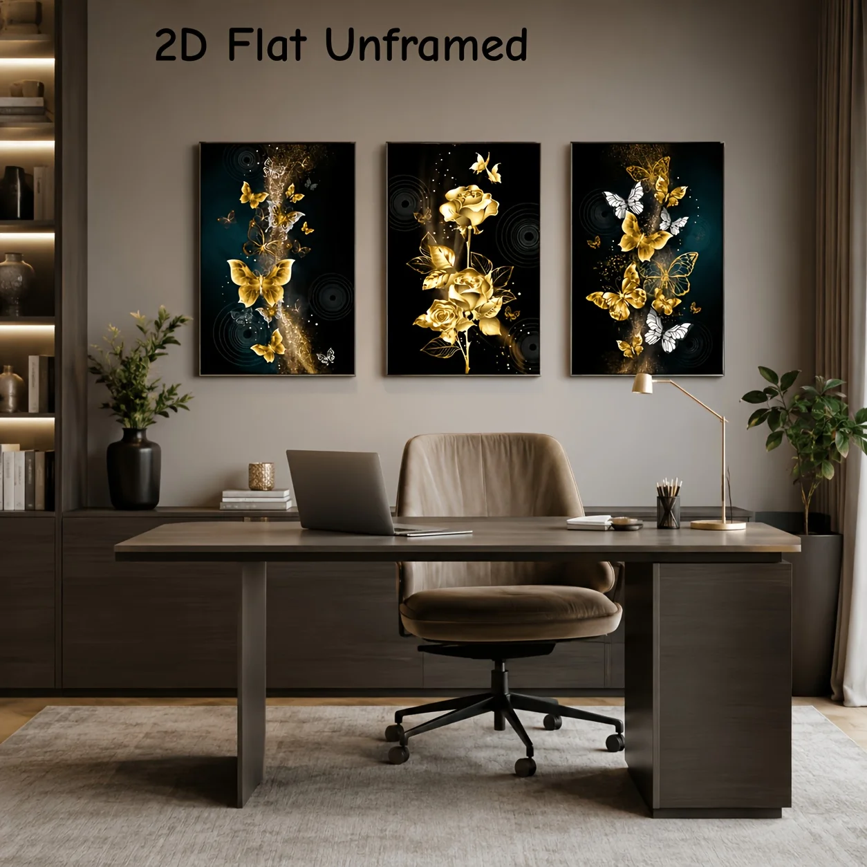 3Pcs Elegant Black Gold Rose And Butterfly Canvas Wall Decor Painting, Modern Luxury Home Decoration For Bedroom Living Room