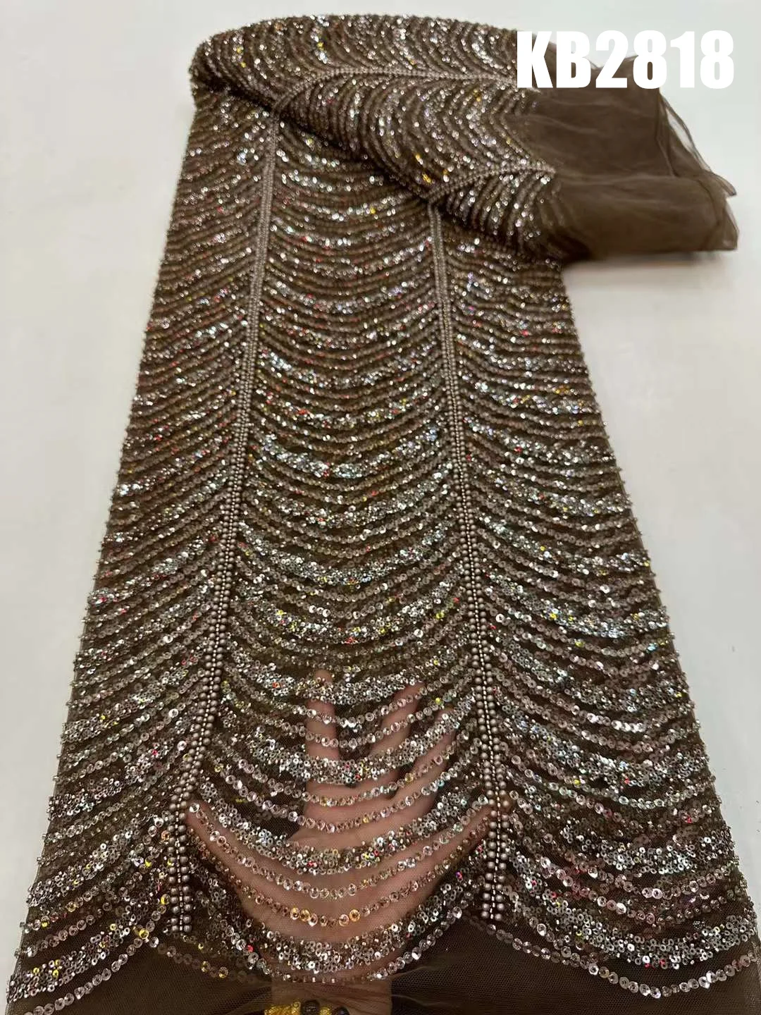 Gold Handmade Beaded Lace Fabric Sequence French Mesh African Fabric Lace High Quality 2025 Sequins Tulle Lace For Sewing KB2818