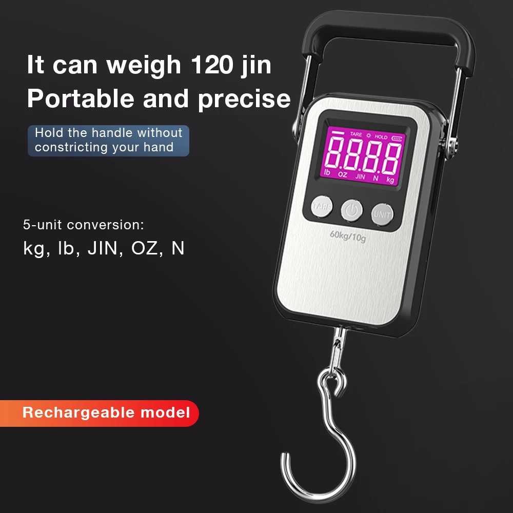 60Kg/10g Stainless Steel Portable Scale Rechargeable Hanging Scale LCD Digital Hook Scale Luggage Fishing Scale for Household