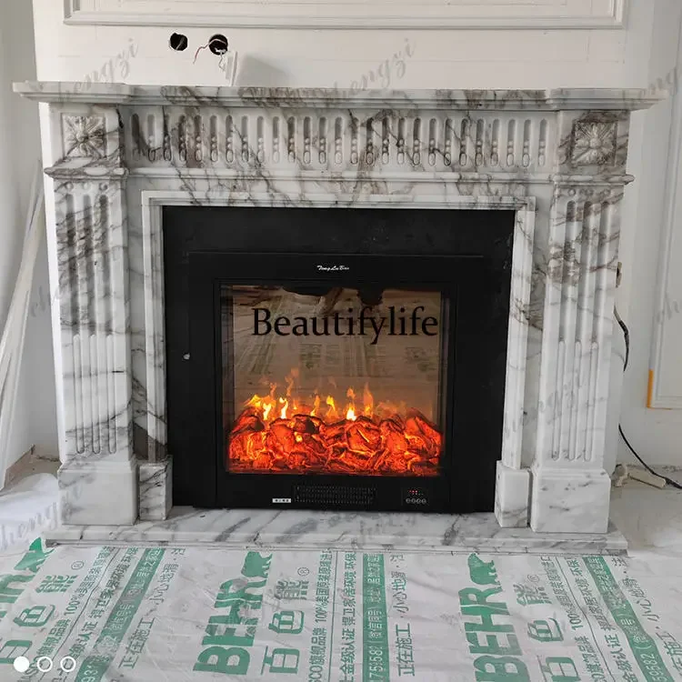 B567  Stone carving marble fireplace French simple wind decorative cabinet villa mantel indoor big white
