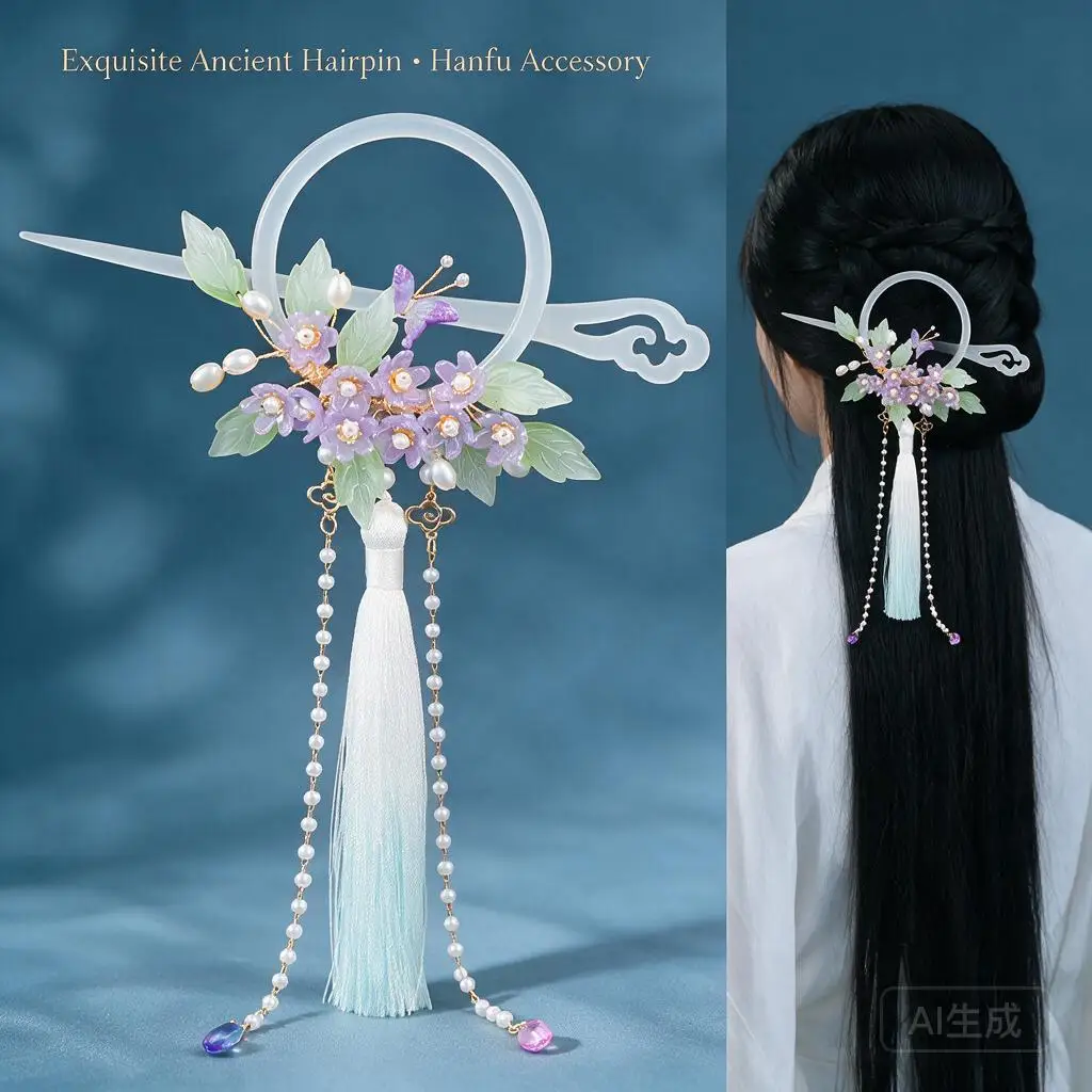 Chinese Ancient Style Tassel Hair Ring Purple Flower Pearl Leaf Hair Stick For Hanfu Cheongsam Daily Bun Elegant Hair Accessory