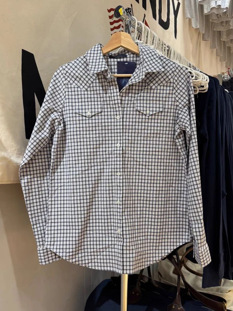 Poches marine Plaid Blouse femme printemps col rabattu simple boutonnage chemises amples femme Vintage Streetwear coton Blouses