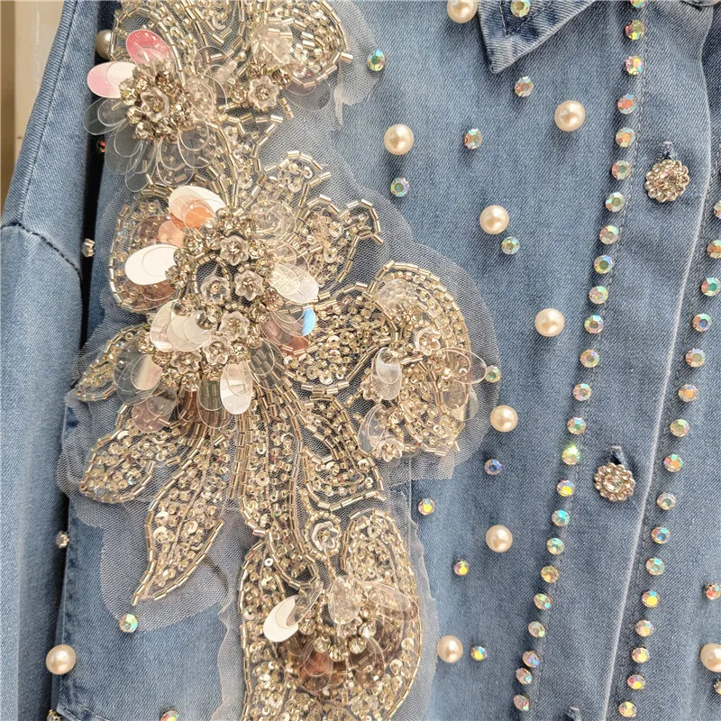 Spring/Summer Women Flowers Embroidery Beaded Denim Shirts Medium Length Pearls Beaded Jeans Blouses Turn Down Collar Cardigan