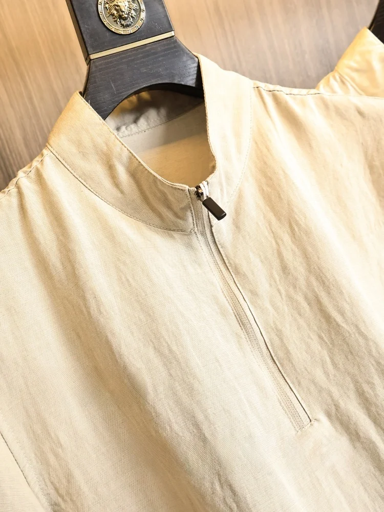 Linen Material High-End Line Men's Summer Cool Feeling Half Zipper Short Sleeve Stand Collar Shirt Modern Style Fashion Urban