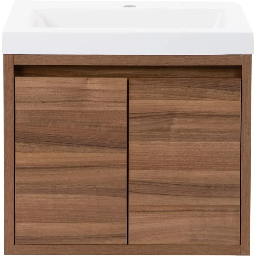 Miles Vanity, Kelby 24 Inch Modern Floating Bathroom Vanity with White Single Sink Top, 2-Door Cabinet, Caramel Mist