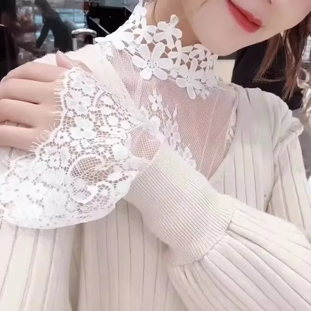 

Winter New mid High Neck Lace Shirt Hollow out Knitwear Trim Base Shirt Transparent Mesh Flower Pattern Women's Fashion