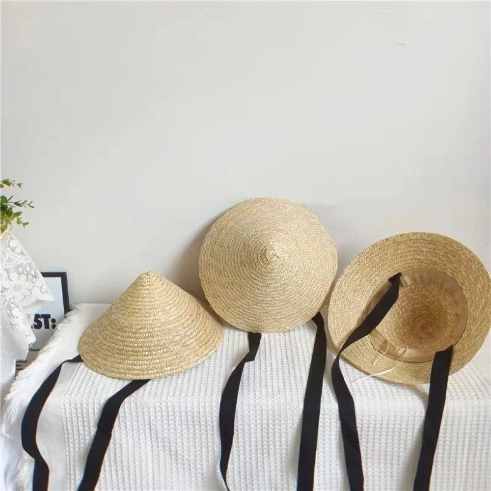 Chapéu de sol infantil de aba grande, chapéu de palha coreano respirável para meninas, estilo pastoral com alça de queixo, viseira de palha para crianças e bebês