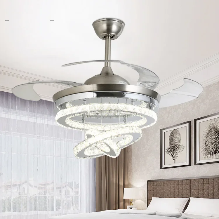 European light luxury crystal fan light living room bedroom dining room silent intelligent frequency