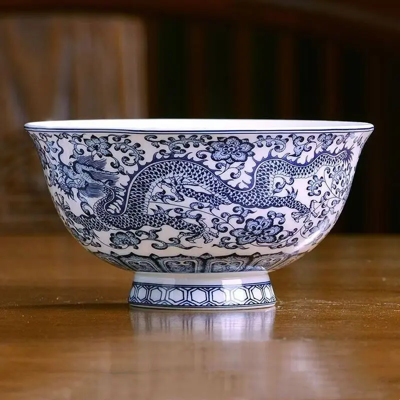 Blue And White Porcelain Bowl with Dragon Pattern 12cm Chinese Loong Bowl Traditional Design Kitchen Dining Home Decor