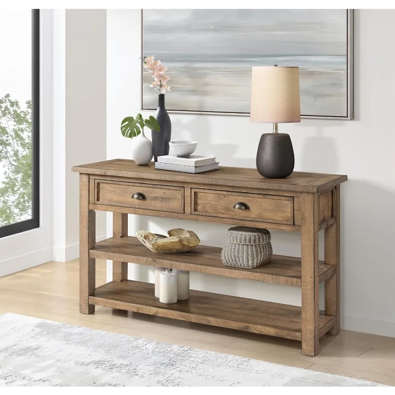 Monterey Solid Wood Sofa Console Table - Reclaimed Natural Finish - Modern Farmhouse - Entryway Table with Two Spacious Drawers