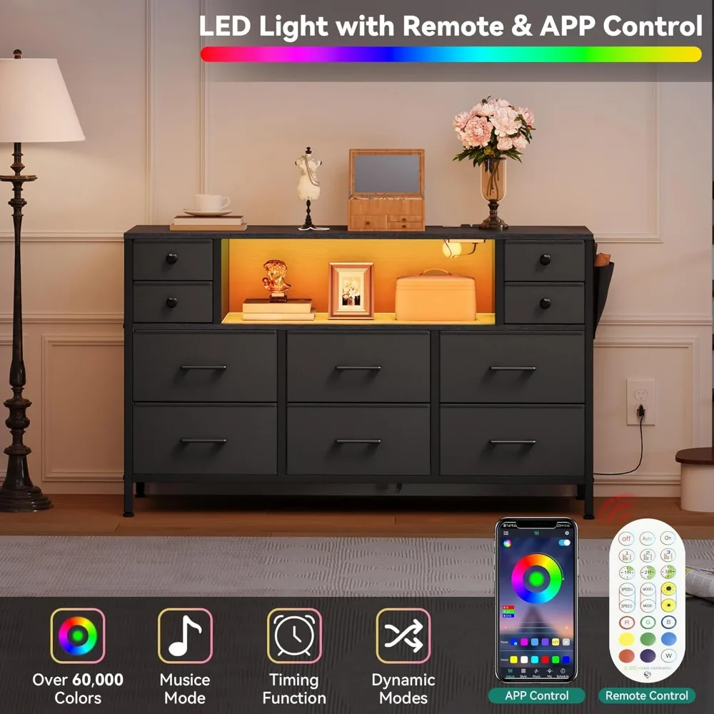YITAHOME 55 Meuble TV avec station de chargement, table console multimédia pour commode à 10 tiroirs avec rangement latéral