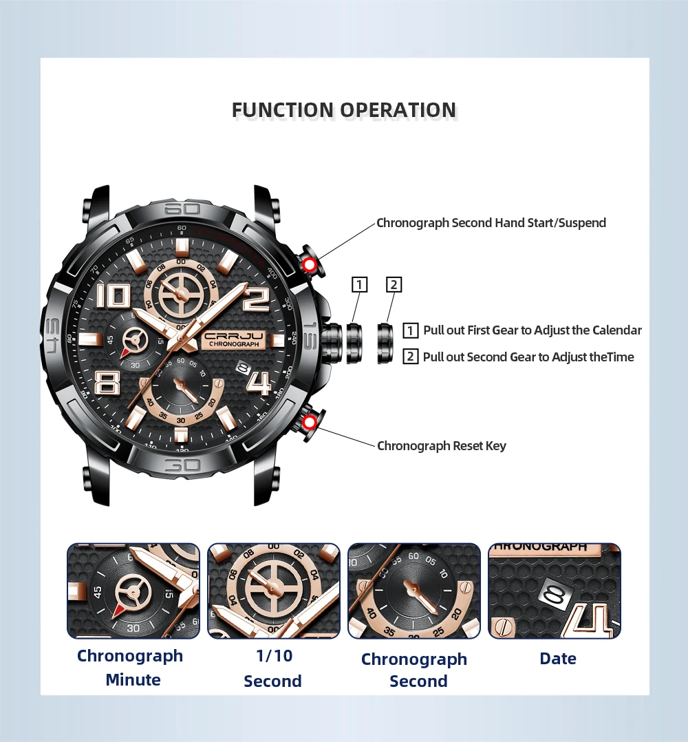 CRRJU Men’s Watches Top Brand Luxury Chronograph Quartz Men Watch Waterproof Sport Wrist Watch Men Stainless Steel Male Clock