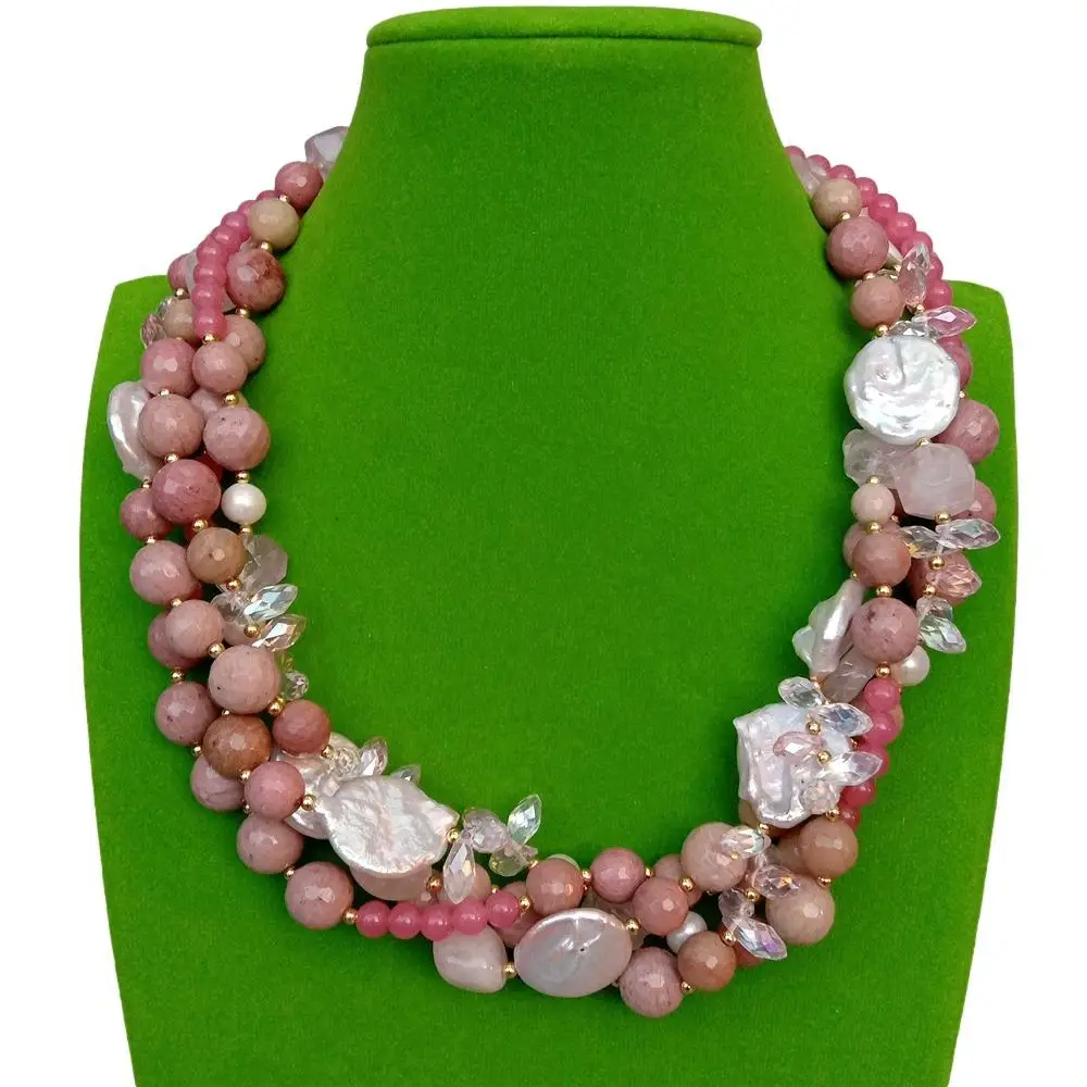 Y·YING 4 Strands Natural Gemstone Keshi Pearl Necklace Pink Rhodonite Jade Crystal Rose Quartz Torsade Necklace