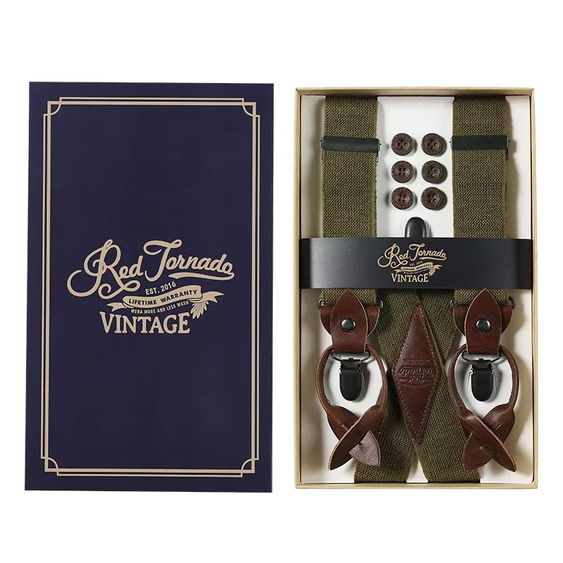 Suspender X-Back Pria Tornado Merah dengan Klip Kawat Gigi Gaya Vintage Elastis yang Dapat Disesuaikan