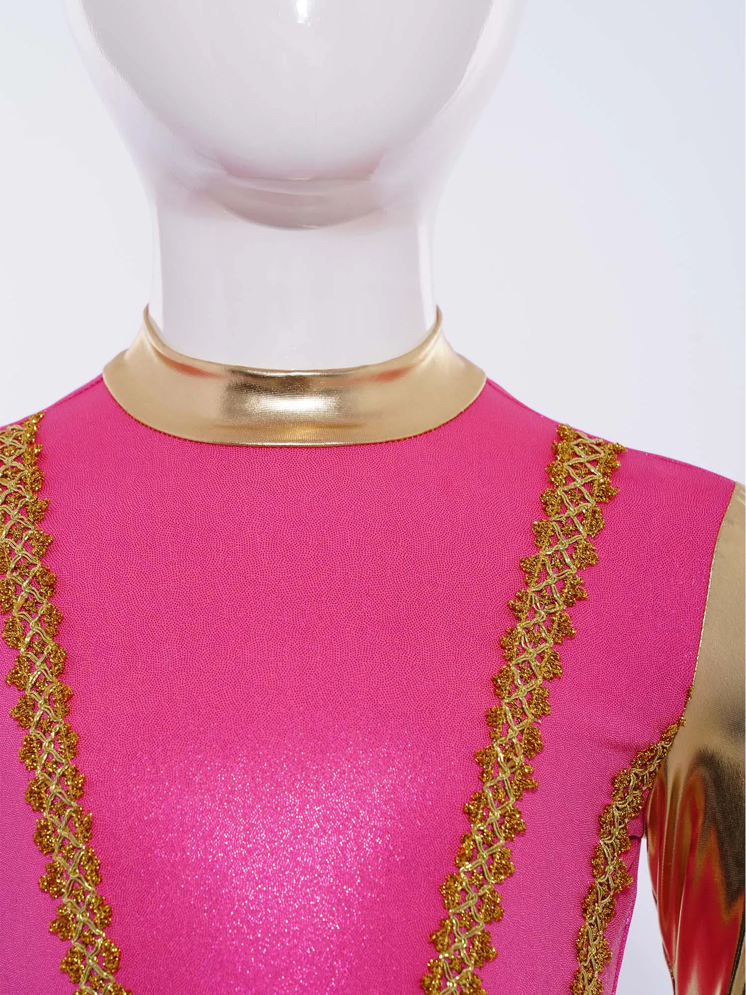 キッズガールズ礼拝典礼舞踊ドレス長袖ゴールドトリムメタリックカラーブロック不規則な裾ドレスとワイドレッグパンツ