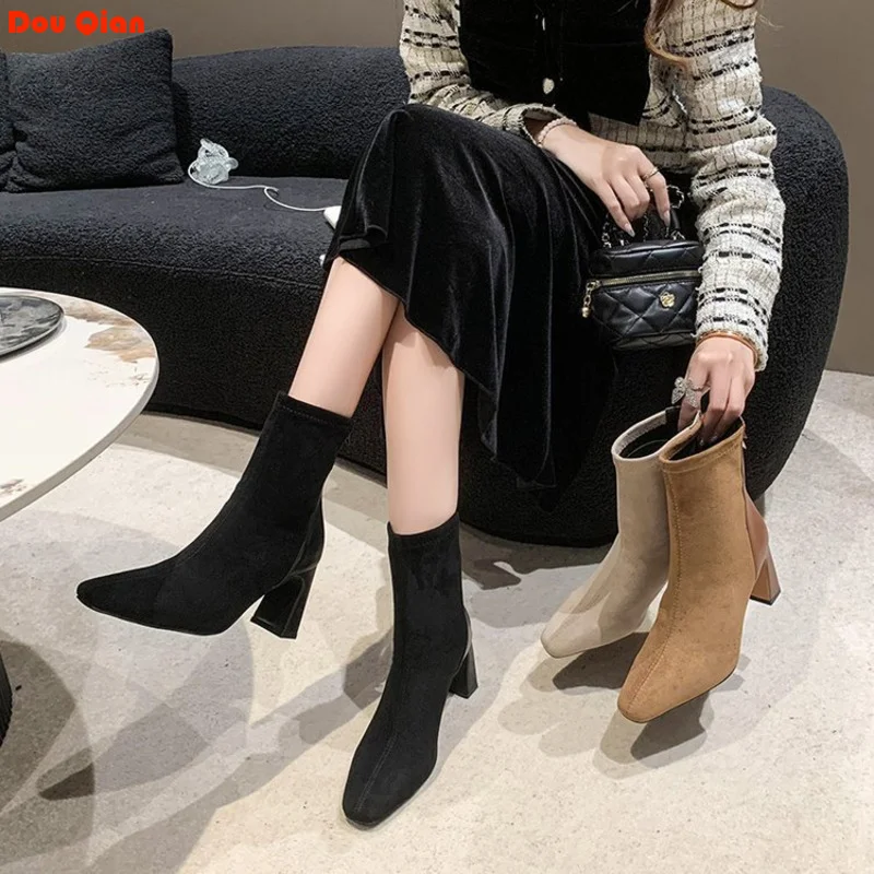 

2024 Autumn Winter Square Head Ankle Women Boots Women's Suede Splicing Fashion Short Tube High Heel Elastic Snow Female Shoes