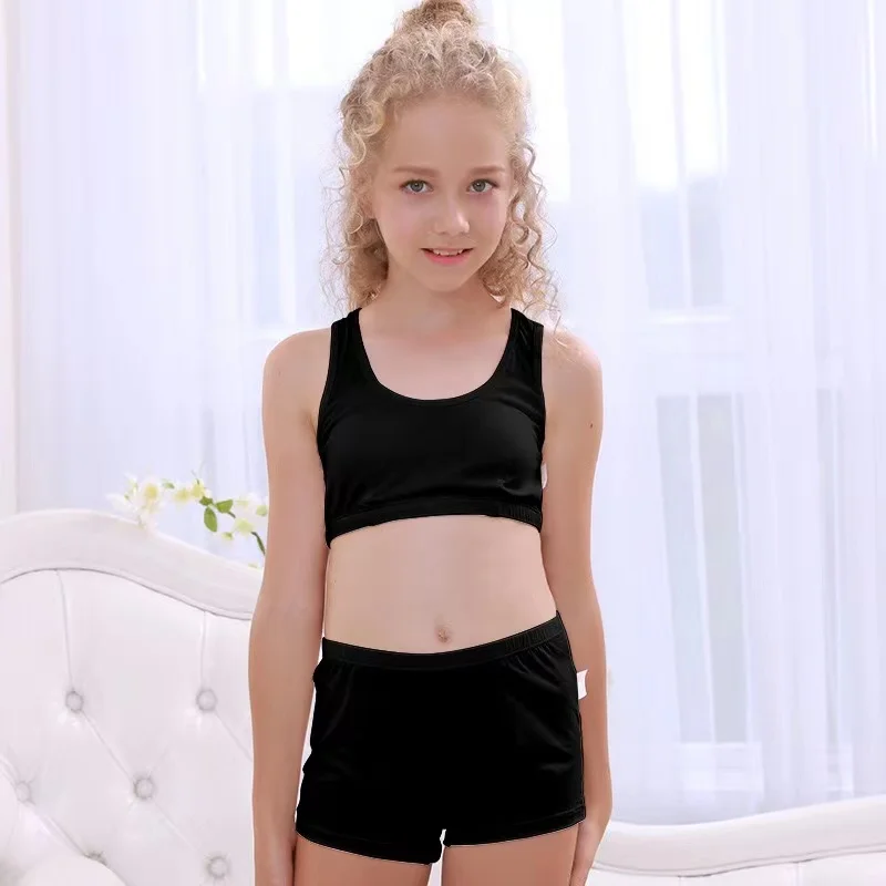 Round Yuan Growing Girl Bra Boxers Pink White Black Red Beige Soft Healthy Female Cotton Boxers Bra Tops Size 140-170