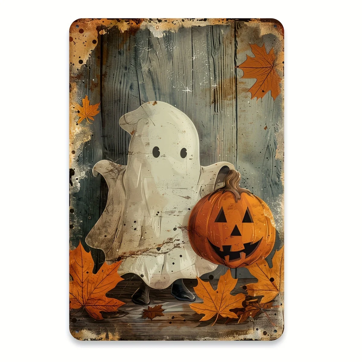 A Halloween Vintage Metal Iron Sign Featuring and Pumpkin Designs, Measuring 20.32x30.48 cm. This Iron Wall Art Is Suitable for